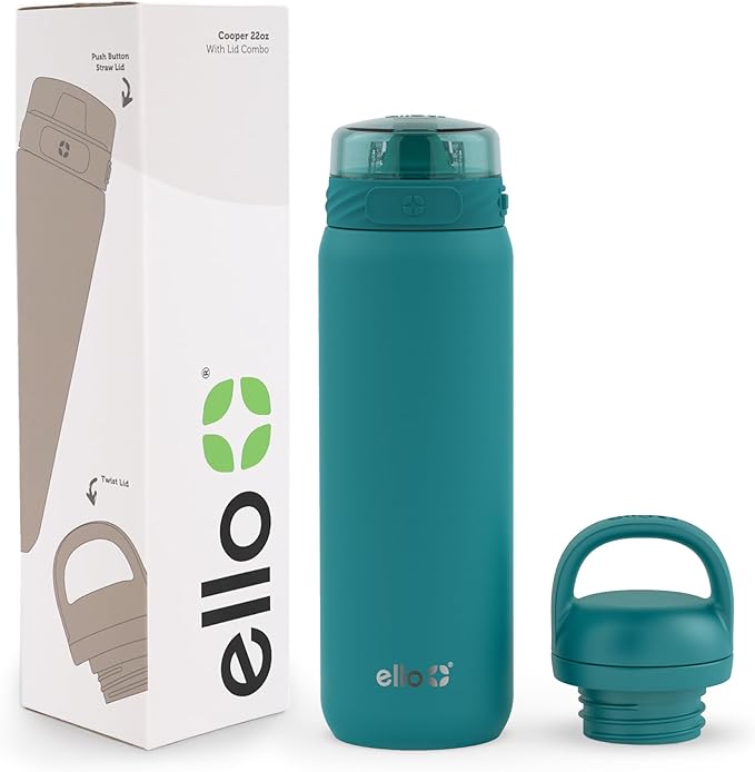 Ello Cooper 22oz Stainless Steel Water Bottle with 2 Lids Chug and Straw | Leak Proof Double Walled and Vacuum Insulated | Fits Car Cupholder | Built in Carry Loop | Dishwasher Safe | Antigua