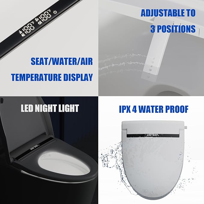 Electric Bidet Toilet Seat with Warm Water, Heated Bidet Attachment for Toilet with Dryer, Self Cleaning Elongated Bidet Seat with Remote Control, Black Temp. Display.