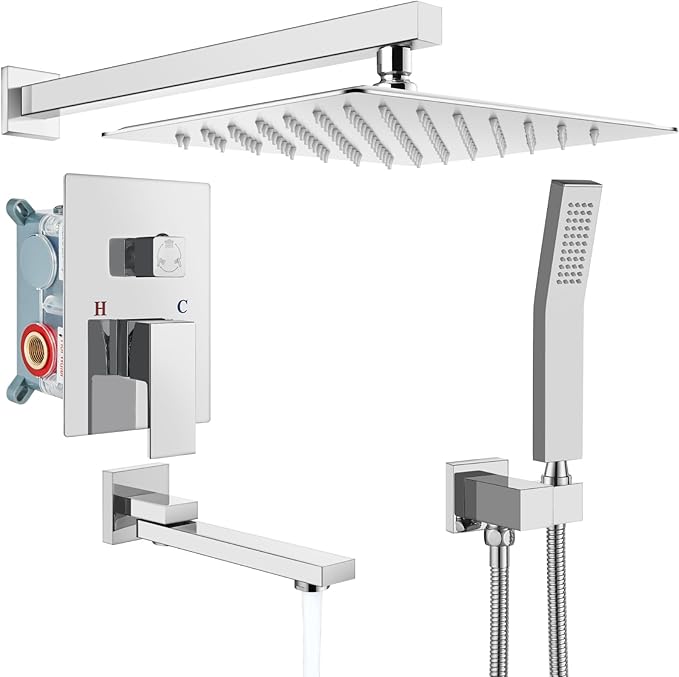 gotonovo Rainfall Tub Shower Faucet Set Bathroom Shower System with Tub Spout Wall Mount Square High Pressure Shower Fixtures with Handheld Sprayer Rough-In Valve 10'' Shower Head,Polished Chrome