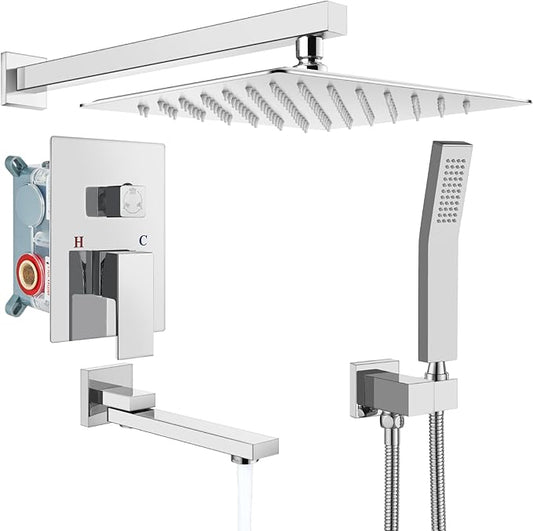 gotonovo Rainfall Tub Shower Faucet Set Bathroom Shower System with Tub Spout Wall Mount Square High Pressure Shower Fixtures with Handheld Sprayer Rough-In Valve 10'' Shower Head,Polished Chrome