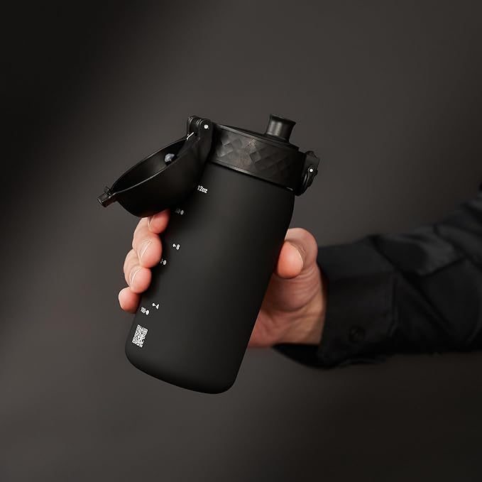 Ion8 Small Water Bottle, 350 ml/12 oz, Leak Proof, Easy to Open, Secure Lock, Dishwasher Safe, BPA Free, Carry Handle, Hygienic Flip Cover, Easy Clean, Odor Free, Carbon Neutral, Black