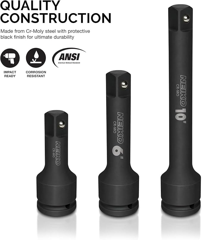 NEIKO 00236A 3/4-Inch-Drive Impact Extension-Bar Set, Made with CrV Steel, 4-Inch, 6-Inch, and 10-Inch Sizes, 3-Piece Set