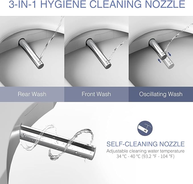 Electric Bidet Toilet Seat Elongated, Heated Toilet Seat with Bidet, Remote Control Wash, Warm Air Dryer, LED Light, Quiet Operation, Stainless Steel Nozzle, Smart Toilets (U Shape)