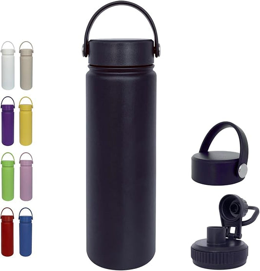 22oz Insulated Water Bottle ，Stainless Steel Sports Water Cup Flask with 2 Lids, Wide Mouth Travel Thermal Mug,Outdoor Sports Bottle（Blue Black）