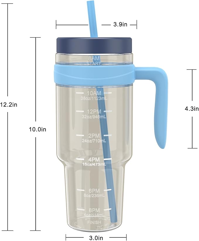 Tronco 50 oz Tritan Plastic Tumbler with Lid and Straw, BPA-Free Reusable Clear Water Bottle with Time Marker, 100% Leak Proof & Wide Mouth for Iced Coffee, Juice, Bubble Tea, Smoothies