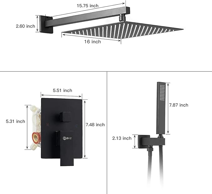 BWE Black Shower Faucet 16 Inch Square Luxury Rain Mixer Shower System Sets Complete 2-Functions Pressure Balancing Wall Mount Rainfall Rough-in Valve Body and Trim Included