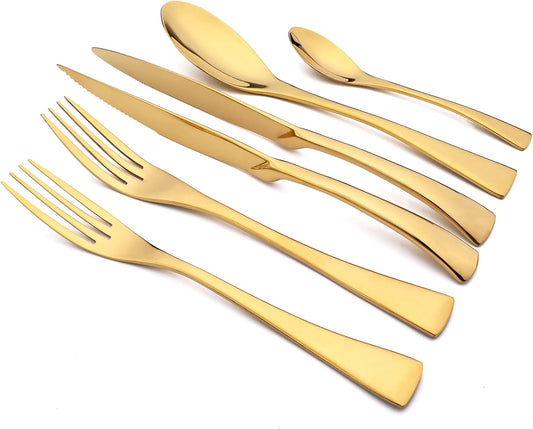 24-Piece Gold Flatware, Mirror 18/10 Stainless Steel Modern & Luxury Dinnerware Set With Serrated Steak Knife Teaspoon For Daily Use or Dinner Party Restaurant - Service For 4