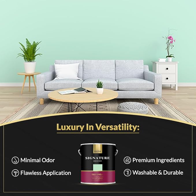 EVOLVE Signature Paint & Primer: Luxury Paint & Primer for Indoor & Outdoor Surfaces, Minimal Odor, Eggshell Sheen (Glass Green, 1 Gallon)