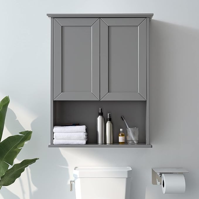 Grey Cabinet Wall Mounted with 2 Doors, Wooden Medicine Cabinet with Adjustable Shelf, 23"x 29" Over Toilet Wall Hanging Cabinets for Bathroom Bedroom, Kitchen, Laundry Room