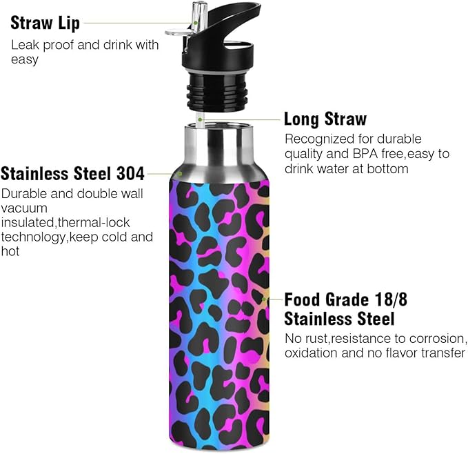 senya 20 Oz Water Bottle with Straw Leopard Print Cheetah Neon Gradient Stainless Steel Water Bottle for Traveling Sports Leakproof Insulated Water Bottle