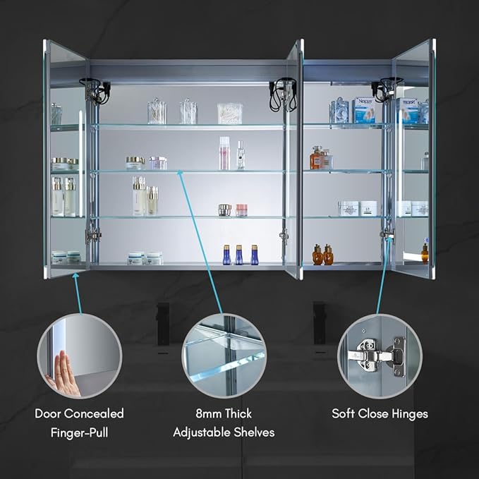 Blossom LED Lighted Mirror Medicine Cabinet, 48x32 Inch | Wall Mounted Recessed or Surface Bathroom LED Medicine Cabinet with Mirror, Makeup Mirror with Lights | Defogger, 3 Color Dimmer