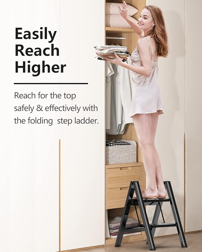 Step Stool, 2 Step Ladder with Anti-Slip and Wide Pedal, Folding Portable Iron Stepladder for Home and Kitchen, 300lbs - Black