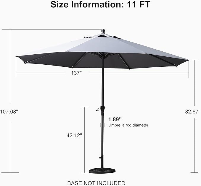 PURPLE LEAF 11' Round Patio Umbrella Outdoor Table Umbrella Aluminum Frame Market Umbrella Sun Umbrella with 8 Sturdy Ribs for Garden Deck Lawn & Pool Light Gray