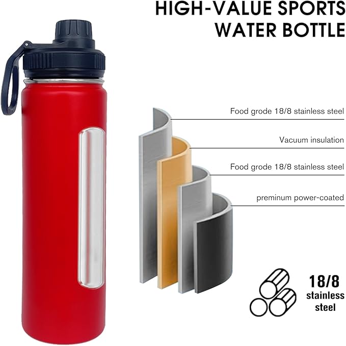 4pack 22 oz Insulated Water Bottle With Straw, Stainless Steel Sports Water Cup Flask with 2 Lids, Wide Mouth Travel Thermal Mug,Red