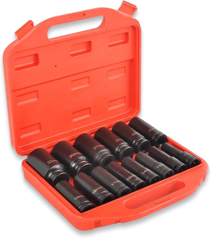 1/2" Drive Deep Impact Socket Set, 14 Piece 6 Point Metric Sizes 11-32mm(11 12 13 14 15 17 18 19 21 22 24 27 30 32mm),Cr-V Steel,Deep Socket Set 1/2 Drive