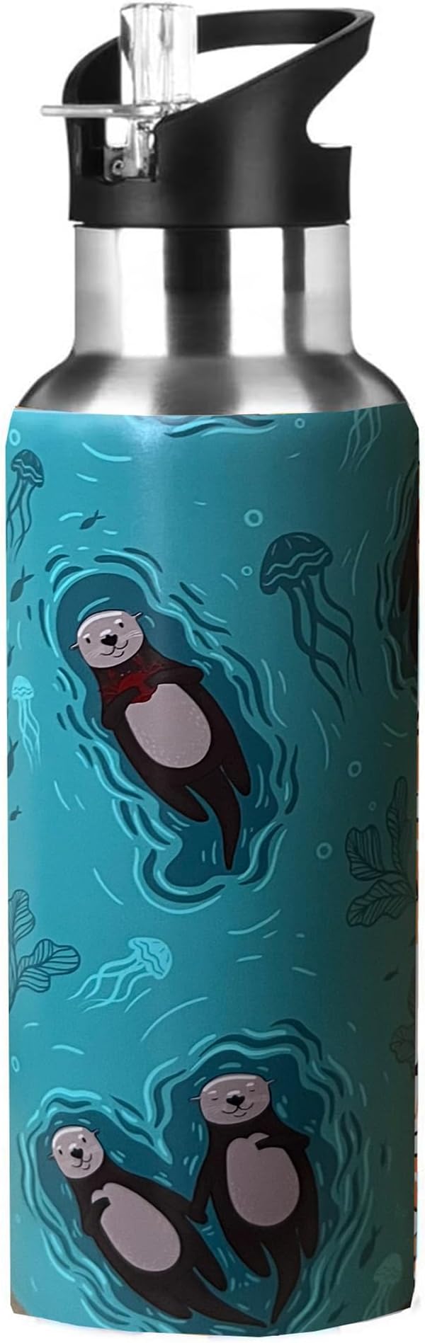 Cute Sea Otter Animal Sport Water Bottle with Straw, Vacuum Insulated Stainless Steel Thermal Drinking Travel Mug Cups For Gym Fitness Camping-20oz/600ml, Green