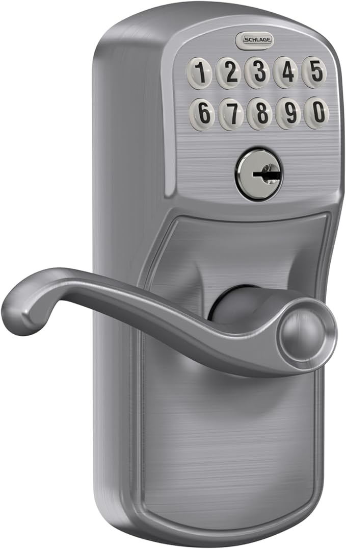 SCHLAGE FE595 PLY 626 FLA Plymouth Keypad Entry with Flex-Lock and Flair Style Levers, Brushed Chrome