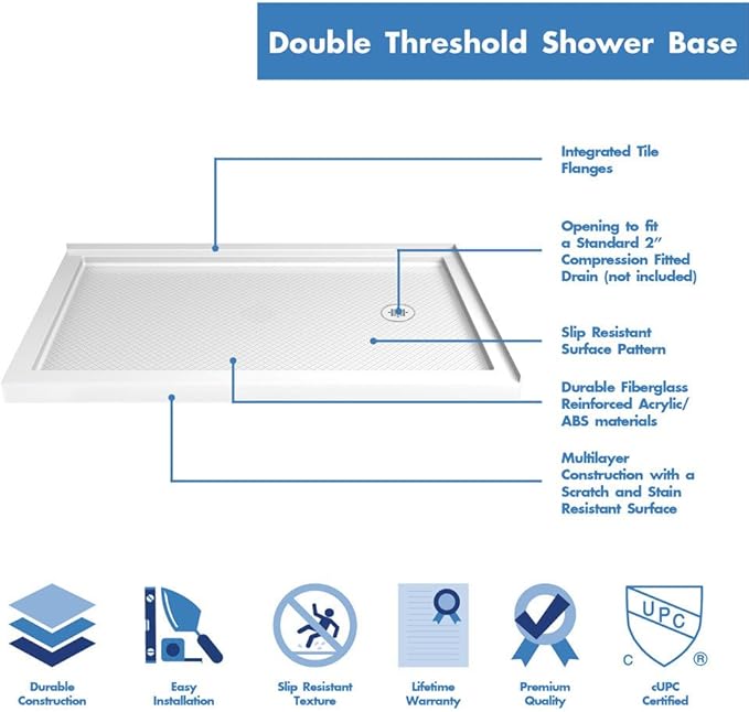 DreamLine SlimLine 36 in. D x 54 in. W x 2 3/4 in. H Right Drain Double Threshold Shower Base in White, DLT-1036542