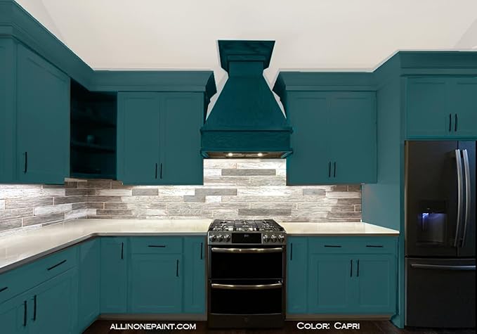 ALL-IN-ONE Paint, Durable cabinet and furniture paint. Built in primer and top coat, no sanding needed. Includes our 30 featured color card - Capri (green teal), Quart