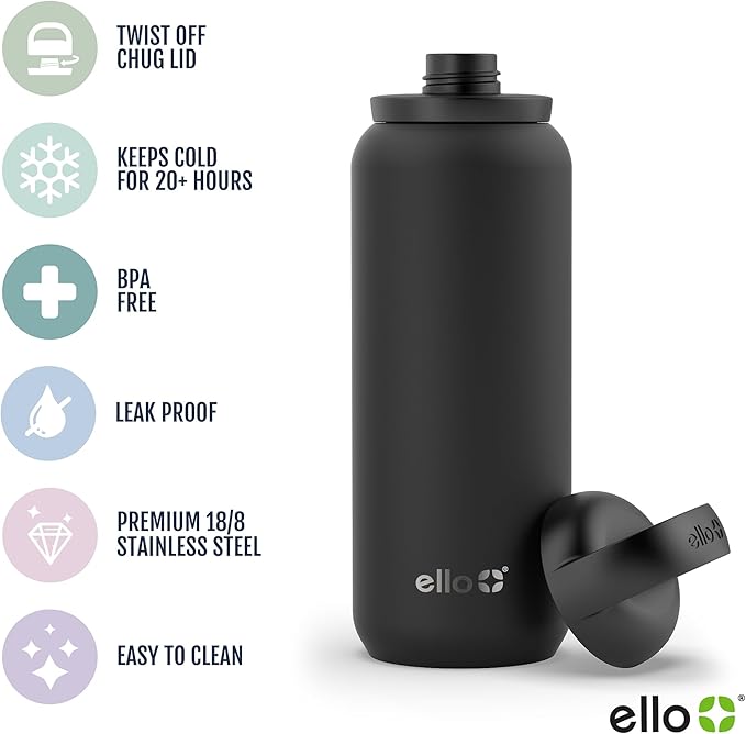 Ello Cooper Twist 22oz Stainless Steel Water Bottle with Chug Lid | Leak Proof Double Walled and Vacuum Insulated | Fits Car Cupholder | Built in Carry Loop | Dishwasher Safe | Cashmere Pink