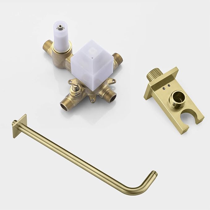 sumerain Brushed Gold Shower System Pressure Balance Shower Faucet, 8 Inches Square Rain Shower Head and Hand Shower, Including Rough-In Valve