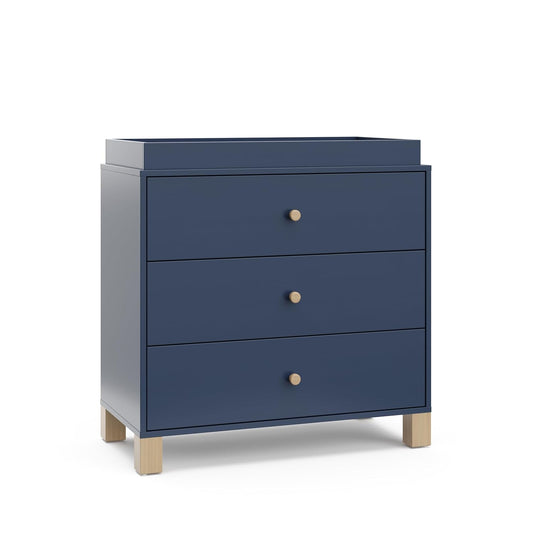 Storkcraft California 3-Drawer Chest with Removable Changing Topper (Midnight Blue with Driftwood) ??GREENGUARD Gold Certified, Interlocking Drawer System, Pre-Installed Tracks, Easy Assembly