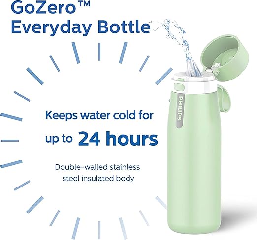 PHILIPS Insulated Stainless Steel Filtered Water Bottle with 3 Philips GoZero Everyday Tap Water Filters BPA Free Transform Tap Water into Healthy Tastier Water Keep Drink Hot/Cold, 18.6 oz, Green
