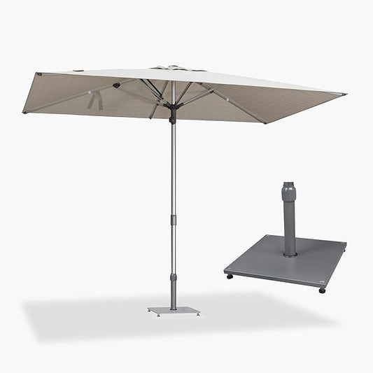PURPLE LEAF 6 X 10 FT Semi-Auto Outdoor Patio Umbrella with Base Market Table Sun Umbrellas with 6 Aluminum Sturdy Ribs for Backyard Deck Garden Pool (Silver Pole Beige Canopy)