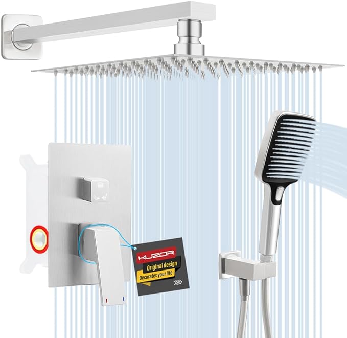 1Pc 304 Stainless Steel Shower Faucet Set, Rain Shower Head with Handheld Spray, Square Shower Head with 3 Setting Handheld Combo and Brass Valve Kit (Brushed Nickel, 10 Inch Rain Shower Head)