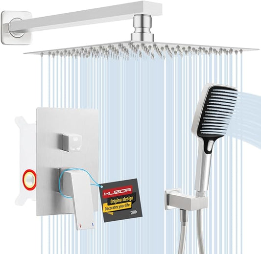 1Pc 304 Stainless Steel Shower Faucet Set, Rain Shower Head with Handheld Spray, Square Shower Head with 3 Setting Handheld Combo and Brass Valve Kit (Brushed Nickel, 10 Inch Rain Shower Head)