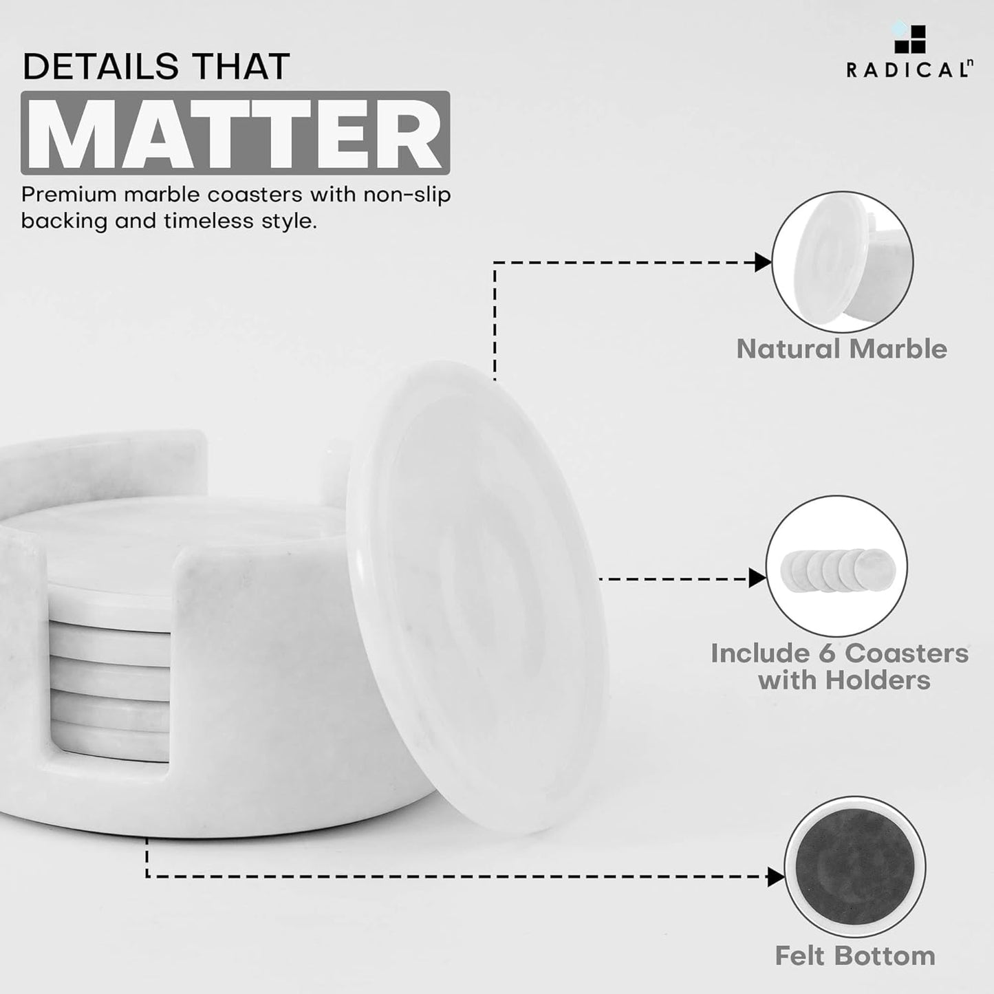 Marble Coasters Set of 6 White 3.5 Inch Round Coaster for Drinks with Holder, Drink Coaster for Tabletop & Coffee Table Decor, Ideal Home Decor House Warming Gifts