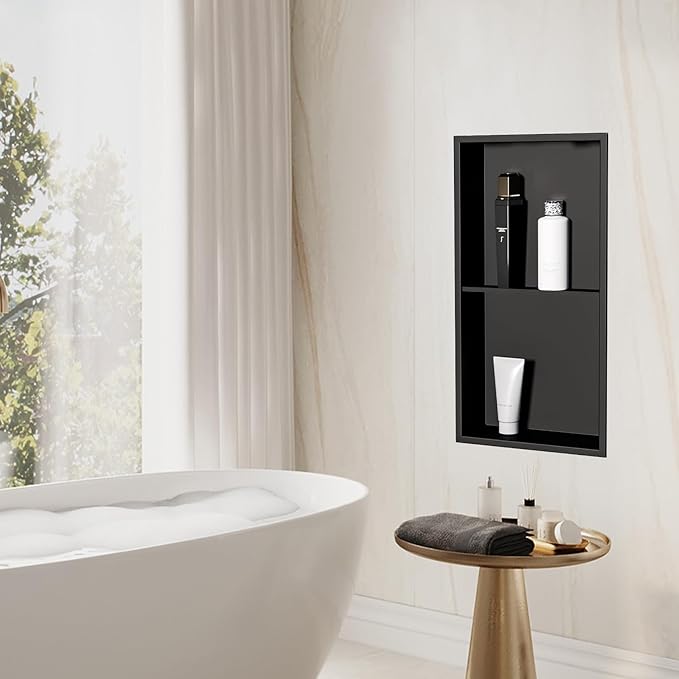 Shower Niche 24" X 12" Black, Stainless Steel Wall Niche Double Shelves Recessed Shower Shelf for Bathroom Storage, No Tile Needed Over Mount Installation