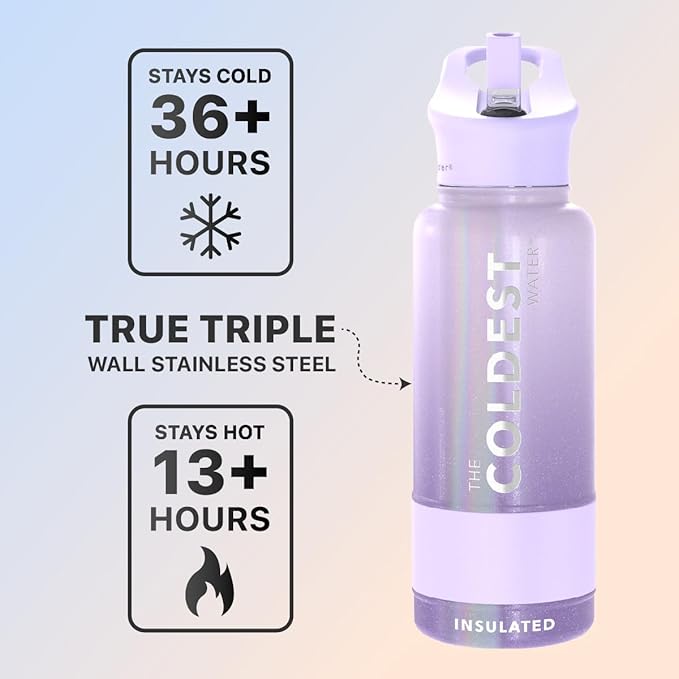 Coldest Sports Water Bottle with Straw Lid Vacuum Insulated Stainless Steel Metal Thermos Leak Proof Flask for Sports Gym (32 oz, Purple Ombré Glitter)