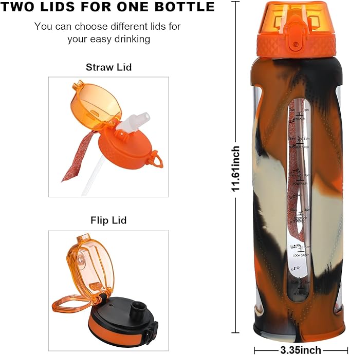 GOPPUS Glass Water Bottles with Straw and Flip Lid, Motivational Water Bottles with Time Marker Reminder and Silicone Sleeve, Leakproof, BPA Free (32 oz, Leopard Orange)