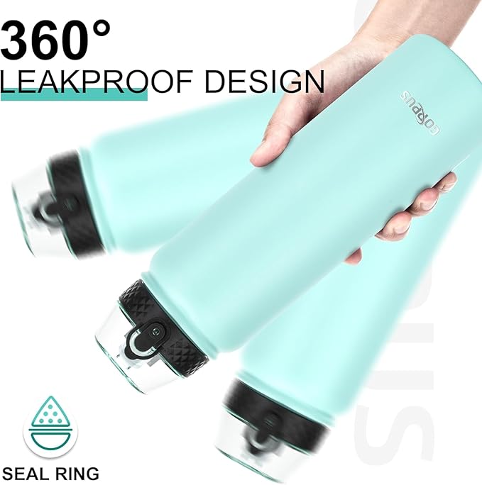 GOPPUS 32 oz Sports Water Bottle 1 Liter Double Wall Insulated Stainless Steel Water Bottles with Straw Lid Reusable Leak proof Metal water bottles with Strap Handle(Green 1 lid)