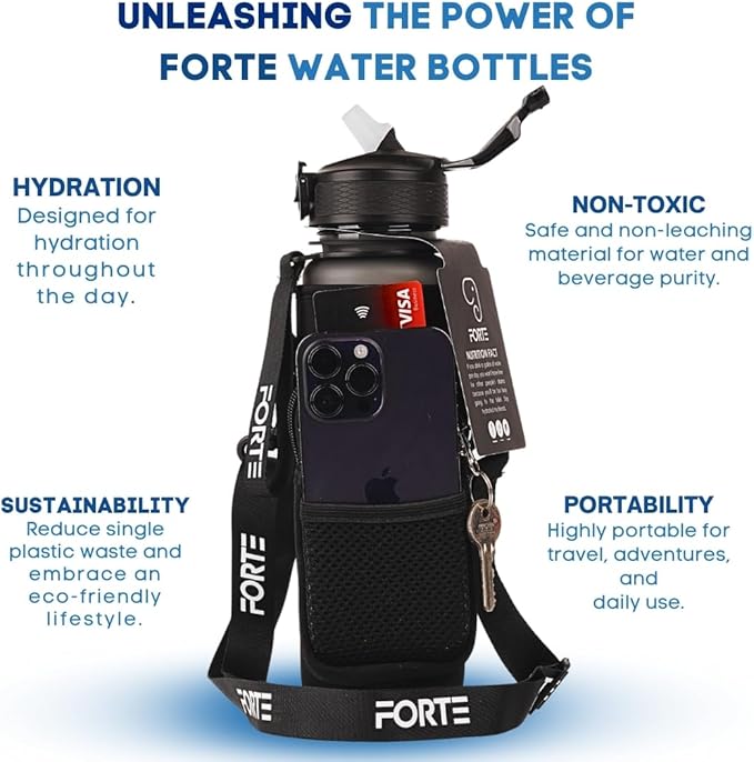 FORTE Plastic Water Bottle with Sleeve - BPA-Free Water Jug with Leak Proof Lid and Straw - Perfect for Gym, Office, and Everyday Use (Black)