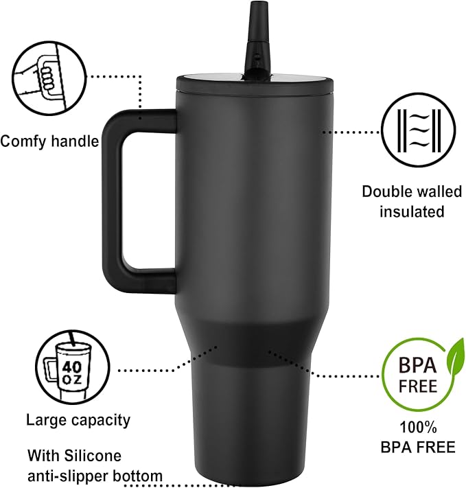 Tumbler with Handle and Straw,100% Leak-proof Travel Coffee Tumbler,40 oz tumbler with handle and straw,Gifts for Women Men,Black