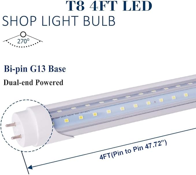 12 Pack 4FT T8 40W (100W Equivalent) Tube Light Bulbs G13 Bi Pin with Dual-Row LEDs 6000K Cool White for 4 Foot Ballast Bypass T8 T10 T12 Led Fluorescent Replacement