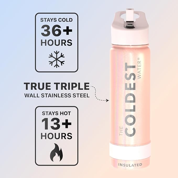 Coldest Sports Water Bottle with Straw Lid Vacuum Insulated Stainless Steel Metal Thermos Bottles Reusable Leak Proof Flask for Sports Gym (24 oz, Forever Pink Glitter)