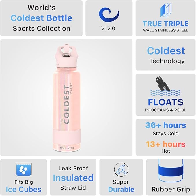 Coldest Sports Water Bottle with Straw Lid Vacuum Insulated Stainless Steel Metal Thermos Bottles Reusable Leak Proof Flask for Sports Gym (40 oz, Forever Pink Glitter)