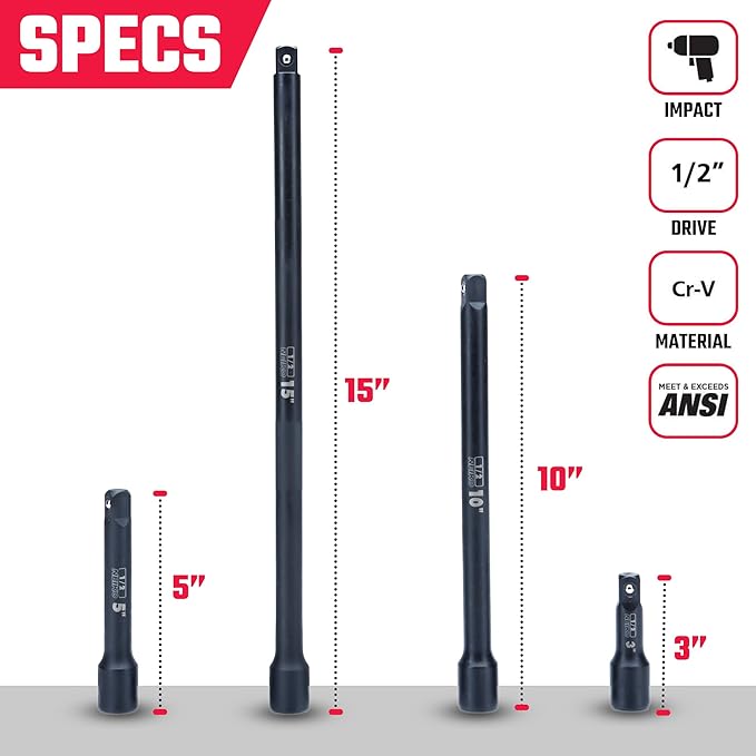 NEIKO 00248A 1/2-Inch-Drive Impact Extension-Bar Set, Impact Socket Extension Made with CrV Steel, 1/2 Impact Extension Set Includes 3-Inch, 5-Inch, 10-inch, 15-inch
