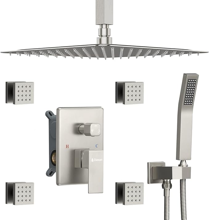 Brushed Nickel Shower System with 4 PCS Shower Body Spray Jets & 12’’ Ceiling Shower Head & Handheld Spray, DASAN Full Body Shower Faucet System with Jets Rainfall Shower Combo Set, SA-SS03BBN-S12C