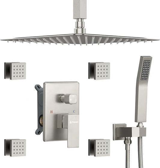 Brushed Nickel Shower System with 4 PCS Shower Body Spray Jets & 12’’ Ceiling Shower Head & Handheld Spray, DASAN Full Body Shower Faucet System with Jets Rainfall Shower Combo Set, SA-SS03BBN-S12C