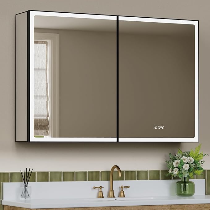 36x32 Inch Medicine Cabinet with Mirror, Recessed or Surface Mount Bathroom Medicine Cabinet with LED Lights, Anti-Fog, Adjustable Shelf, Dimmable Light, Outlets & USB, ETL Listed, Black