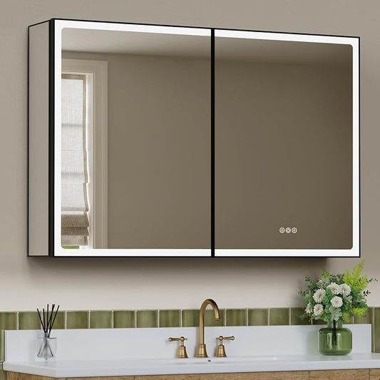 48x32 Inch Led Lighted Medicine Cabinet with Mirror, Recessed or Surface Mount Bathroom Medicine Cabinet, Anti-Fog, Adjustable Shelf, Dimmable Light, Outlets & USB, ETL Listed, Black