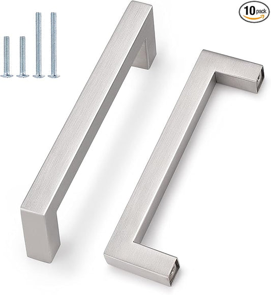 Probrico 4 Inch Satin Nickel Cabinet Pulls Stainless Steel, 10 Pack Door Cabinet Handles,Drawer Dresser Pull Knobs Kitchen Furniture Hardware for Cupboard Wardrobe,Total Lenght:4-1/2 Inch (114mm)