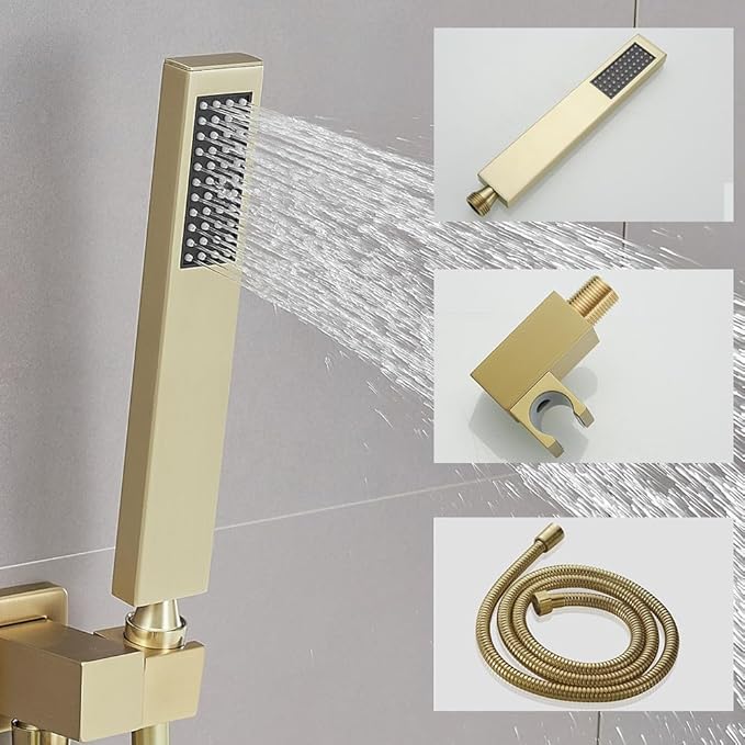 12 Inch Ceiling Mount ‎Brushed Gold Shower System Bathroom Luxury Rain Mixer Shower Combo Set Ceiling Rainfall Shower Head System (Contain Shower Faucet Rough-in Valve Body and Trim)