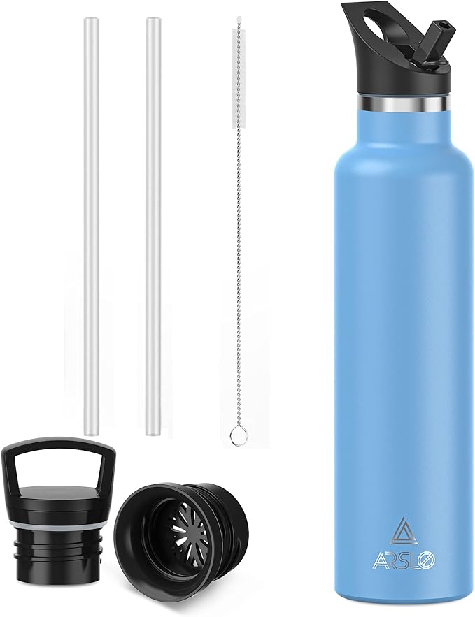 Stainless Steel Water Bottle with Straw - Insulated Water Bottle for Sports, Gym, School, Commute, Adults/Kids - Keep Cold for up to 24 Hours - Sweat/Leak-proof - 2 Lids - BPA Free
