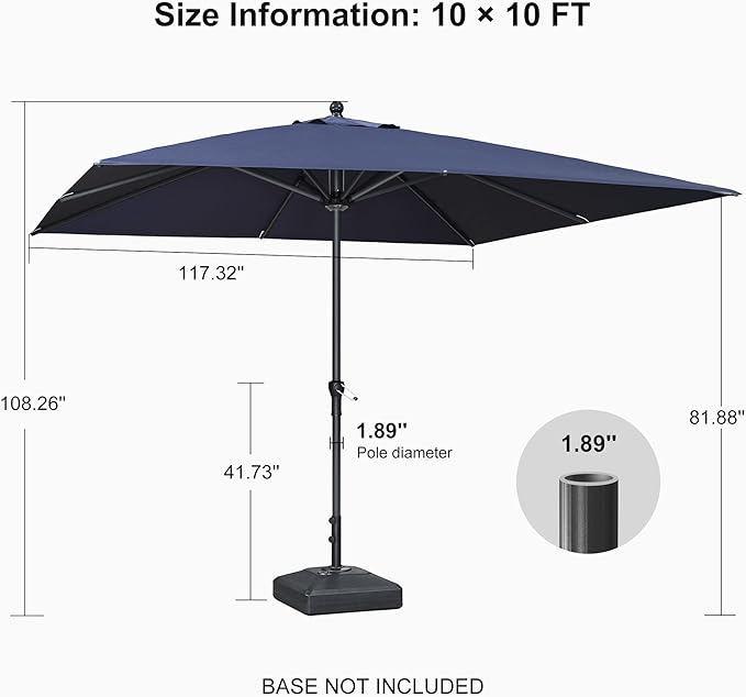 PURPLE LEAF 10' x 10' Square Patio Umbrella Outdoor Table Umbrella Aluminum Frame Market Umbrella Sun Umbrella with 8 Sturdy Ribs for Garden Deck Lawn Pool Navy Blue