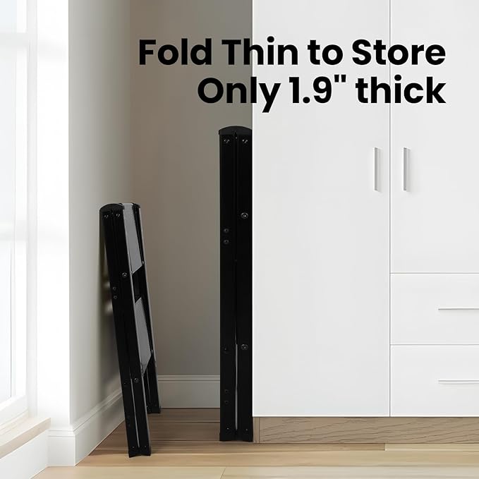 FAHKNS 2 Step Ladder, Aluminum Light Folding 2 Step Stool with Non-Slip Wide Pedal (7.9Inch), 330Lbs Capacity Stepping Stool, Step Ladder 2 Step Folding for Office,Household,Kitchen, Black